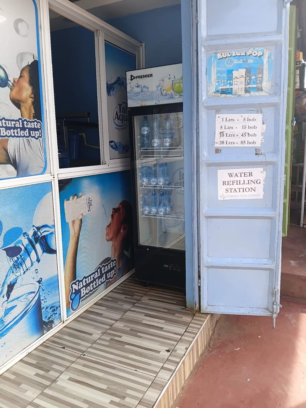 Inside a Tal Aqua station with chilled bottled water
